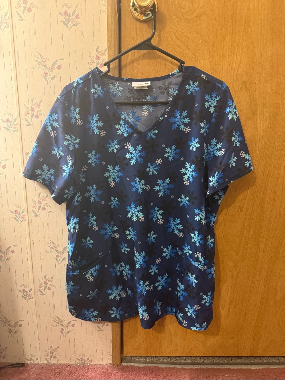 Women's Blue Snowflake V-Neck Scrub Top